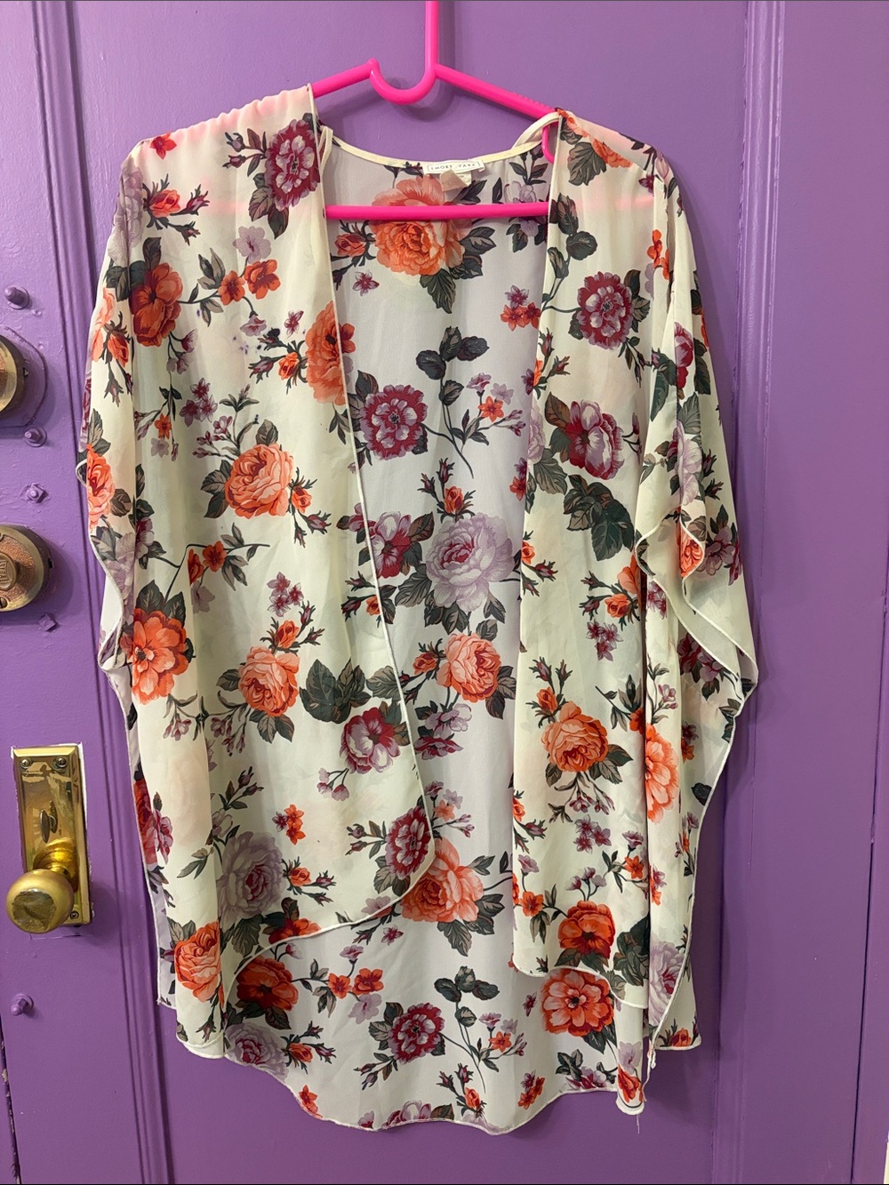 emory park Ivory Open-Front Floral Kimono with Orange & Pink Flowers